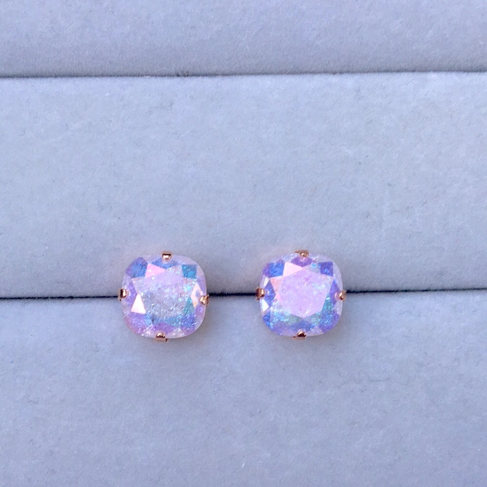 Aurora Borealis Pink Ice + Rose Gold Cushion Cut Crystal Earrings - Picture 6 of 10